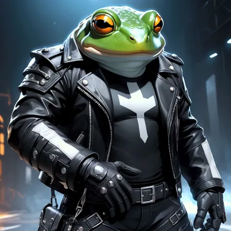 Closeup, Masterpiece, solo, an extremely badass anthropomorphic light blue and white bullfrog wearing an insanely cool black leather biker jacket open, black shirt, black leather biker gloves, black leather biker pants, giving it a cool, edgy appearance, a...