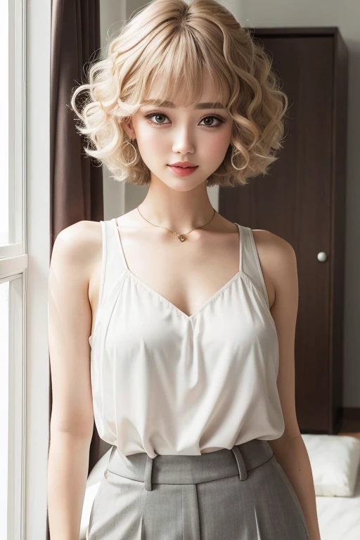 woman, gray pants, white sleeveless blouse, curly hair, pixie cut