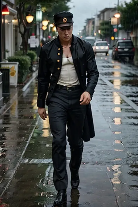 Jotaro walking in the rain