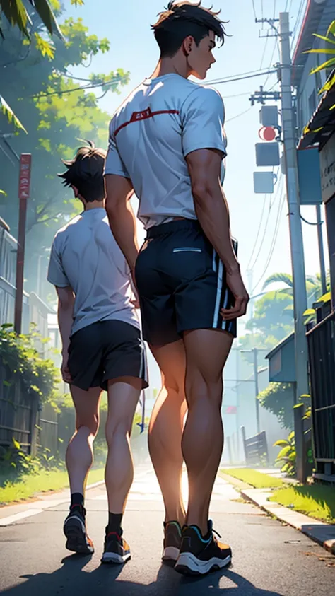 male、Back view、 short sleeve shorts、 backlit、 Slim、Even your feet are visible