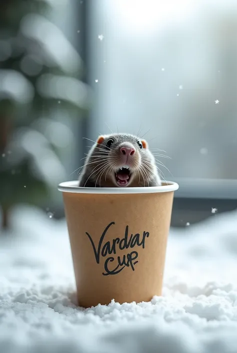 In the office environment, there is a cardboard cup with the word Vardar Cup on it, with the mole open. It's snowy all around.