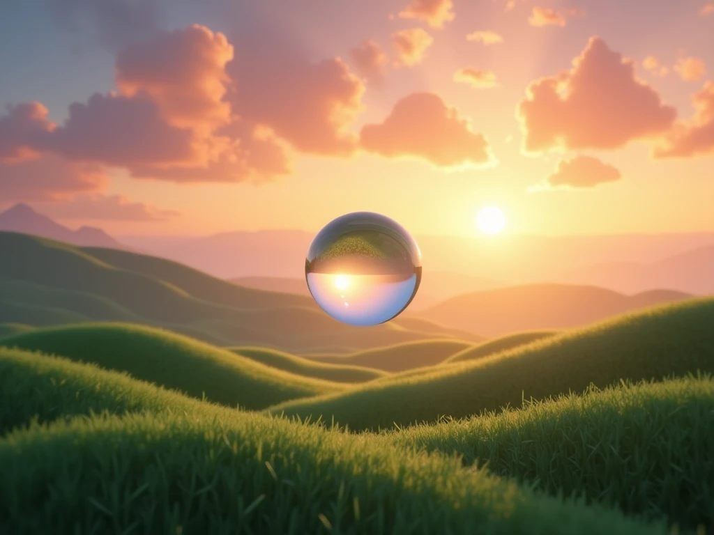 modern sunset in the background a small sphere in the air made of glass with water inside on green fields dream core landscape style 
