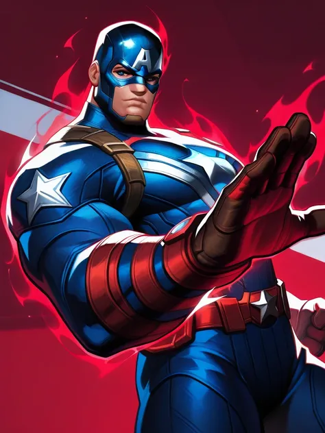 highres, hi res, best quality, masterpiece, intricate details, absurdres, 4k,, semi realistic, cartoon,
1boy, captain america \(series\), shild, blonde, muscular, blue bodysuit,,, aura,, looking at viewer, dynamic pose, fighting stance, cowboy shot, multic...