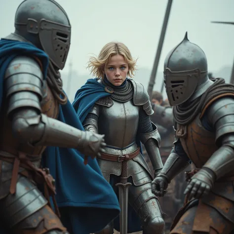 High resolution, masterpiece, photorealistic, three savage fighting soldiers in leather armour without a helmet facing to a full armored 17-year-old female knight with blue eyes, blonde short hair, indomitable look wearing shiny medieval armour with blue c...