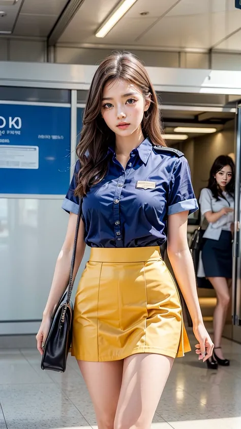 A beautiful, 24-year-old Japanese woman with perfect anatomy, healthy thighs, beautiful legs, beautiful skin, random hair color and style, large breasts, (wearing a flight attendant uniform with a mini-skirt:1.3), (she is standing:1.2), full body shot, pum...