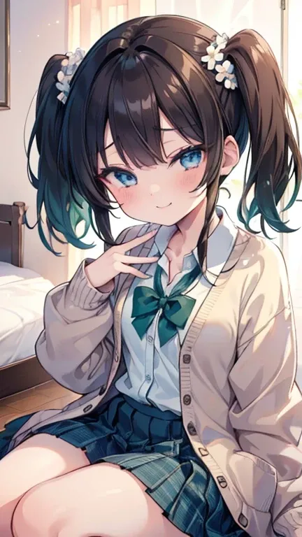 (8k、 best image quality、 top quality、masterpiece)、 detailed face、 one girl、  black hair、 Twin Tails、 light blue eyes、 、(( green))、 small breasts、(( white shirt ))、(( brown cardigan))、(( checked pleated skirt))、 above、 bedroom background、 sitting、 slender、 ...