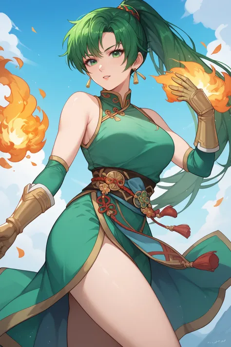 Lyn Fire emblem ,Woman, green hair, green eyes, Green dress with gold details, long gold metal gloves, anime style