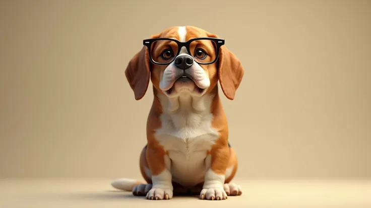 a fat older dog, breed beagle,  wearing reading glasses, sits poised