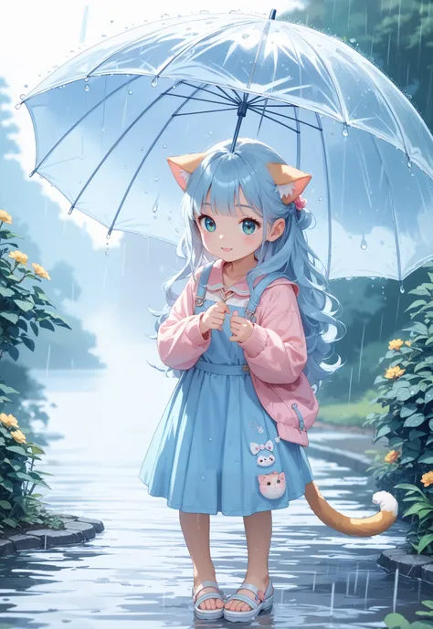  light blue long hair、 twin-tailed little characters 、Rainy landscape、 the little character has a transparent umbrella、A cute cat is watching the little character 