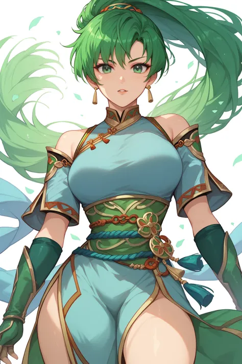 Lyn Fire emblem ,Woman, green hair, green eyes, Green dress with gold details, long gold metal gloves, anime style