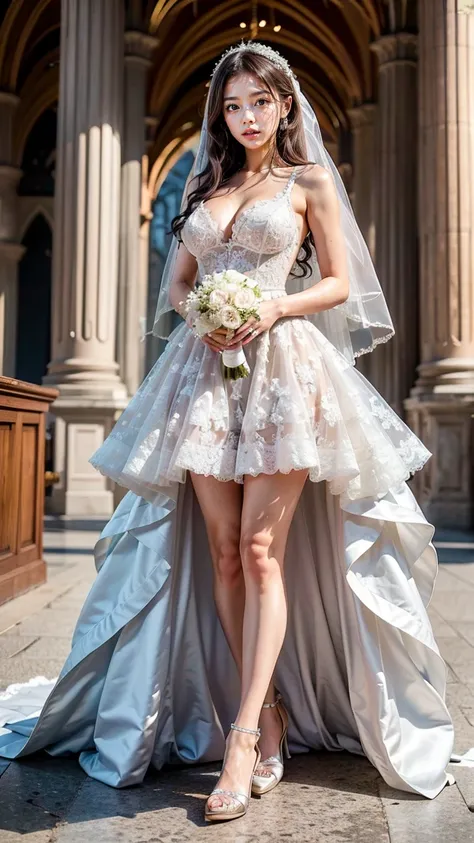 A beautiful young Japanese woman, 26 years old, with healthy thighs, beautiful legs, flawless skin, random hair color and style, large breasts, wearing a (wedding dress:1.3), (she is standing:1.2), full body shot, high heels, holding a bouquet in her hands...