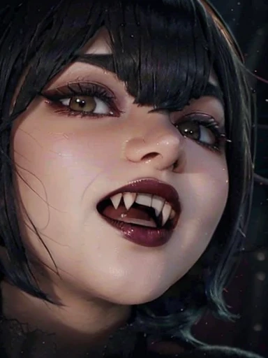 Mavis , NSFW, bobcut,  dark makeup , huge breastoversize, Vampire Teeth Fangs ,   realistic image full hd  