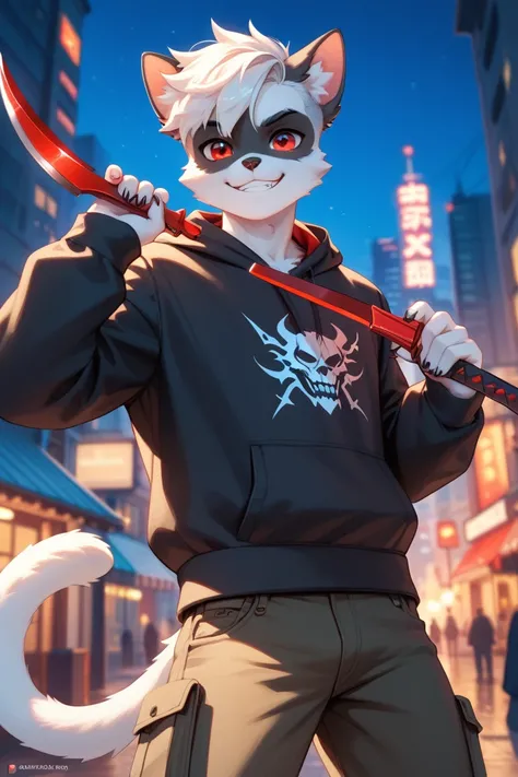  male anthropomorphic black cat , furry, red eyes, And with a malicious and cruel tone, Cute twink , little fort, 1,  67m tall . White hair with a short, slightly spiky cut curled upwards.  wearing a black hoodie, And a pair of black cargo pants, He has a ...