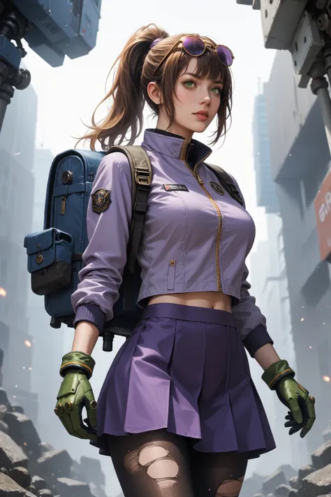 Score_9, score_8_up, score_7_up, source_real, photorealistic, rating_safe, rating_questionable;; 1woman, solo, precis neumann;; orange-brown ponytail, sunglasses, eyewear on head, green eyes, purple jacket, short over long sleeves, green gloves, mechanical...