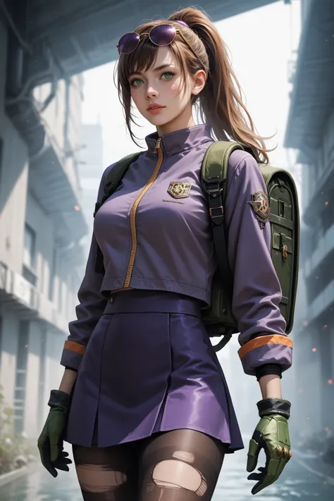 Score_9, score_8_up, score_7_up, source_real, photorealistic, rating_safe, rating_questionable;; 1woman, solo, precis neumann;; orange-brown ponytail, sunglasses, eyewear on head, green eyes, purple jacket, short over long sleeves, green gloves, mechanical...