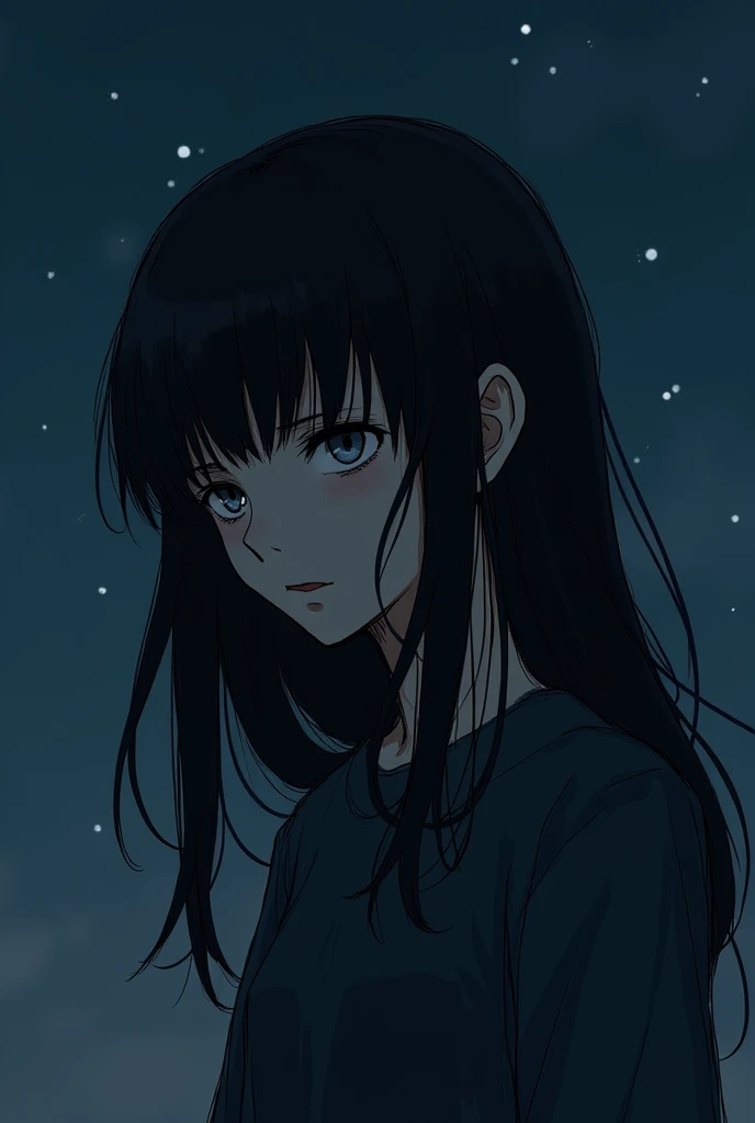  depressed 14-year-old daughter looks wearily into the eyes with her head turned to her left side,  Black long hair, anime in black clothes ,  grey eyes, Night, Dark tones, inept drawing, sketch