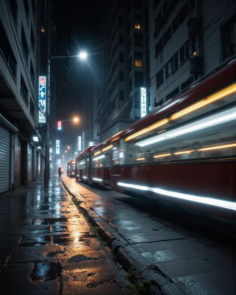  Create an image in the style of urban night photography with intentional motion blur .  Visualize a dynamic and atmospheric scene ,  capturing the essence of movement and urban light .  Apply a pronounced directional motion blur to the main subject y / o ...