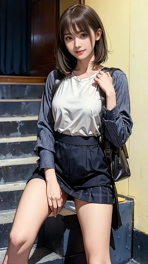 ((masterpiece)),((( top quality))), thin thighs, long legs ,  18 year old high school girl standing on school steps, white shirt, Blue and White Plaid Mini Skirt:1.5, best smile,Short bob with side waves:1.5，  I can't trust carrying a black backpack， wear ...