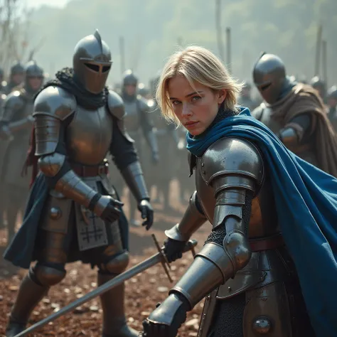 High resolution, masterpiece, photorealistic, three fallen down bloody savage soldiers in leather armour are facing a full armored 17-year-old female knight with blue eyes, blonde short hair, indomitable look wearing shiny medieval armour with blue cape an...