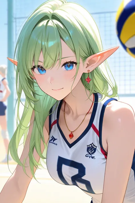 ( top quality)、Green haired elf、 blue eyes、 long hair、20 year old beauty、 cute face 、Beautiful breasts、 Slim、Earrings、Red Necklace、whole body、 volleyball、 sport healthily