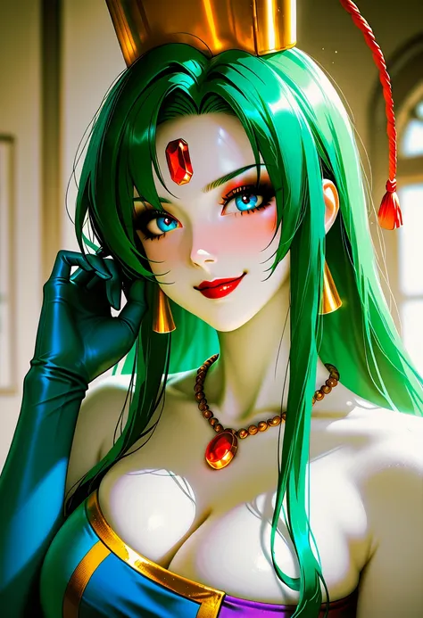  score_9, score_8_ up the side, score_7_ up the side, masterpiece,  high resolution,  glittering clothes ,  1 girl, Heavy makeup,Atsugesho ,  green hair, white skin , Red gem on forehead, 、I'm applying foundation, Red lipstick,  eyeshadow, ,  blue eyes, Bl...