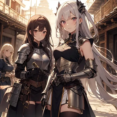 A group of  female knights, (in temple), various hair styles, harem, wearing armored clothes, metal armor, night, details face, short skirt, seducing, sword, sleeveless 