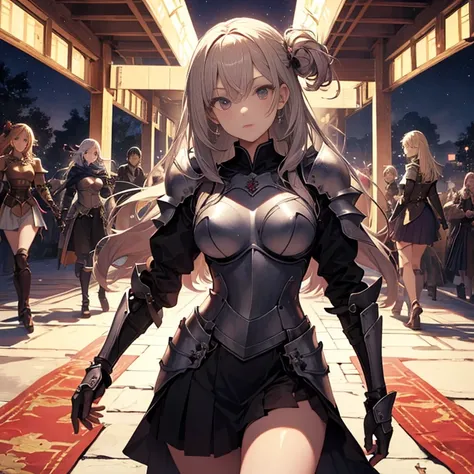 A group of  female knights, (in temple), various hair styles, harem, wearing armored clothes, metal armor, night, details face, short skirt, seducing, sword, sleeveless 