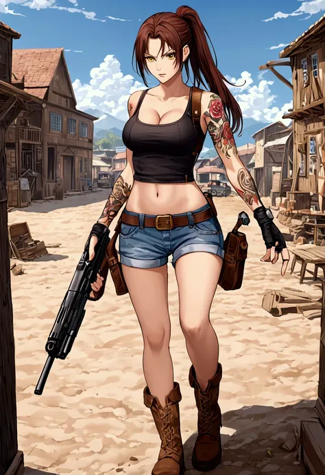 masterpiece,high quality,solo,outdoors, revy,1woman, long hair,ponytail,brown hair,yellow eyes,tattoo,shoulder tattoo,arm tattoo, collarbone,cleavage,breasts,bare shoulders,black tank top,shoulder holster, midriff, denim shorts, fingerless gloves, boots, f...