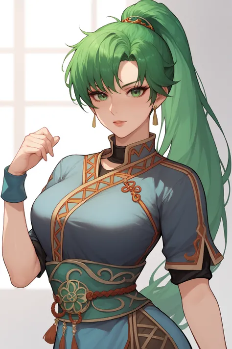 Lyn Fire emblem ,Woman, green hair, green eyes, black blouse tight to the body, blouse rolled up at the waist, anime style,Ponytail 