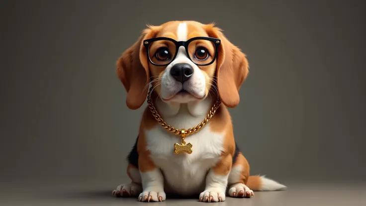 a fat older dog, breed beagle,  wearing reading glasses, sits poised wearing a gold chain with a golden dog bone charm on it for a full body photo