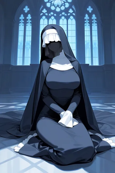 Solo, 1girl, tall women, cape on shoulders, nun outfits, long skirt, faceless, breasts, veil face /(Veil covered face)\, sleeves past wrists, sleeves past fingers, dark blue long cape, cloak, overly long sleeves, wide open loose sleeves, room, sit ups