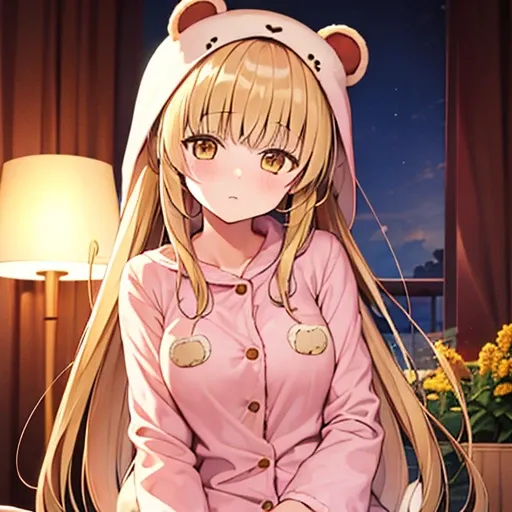 1girl,shiina mahiru,yellow eyes,blonde hair,solo,medium breast, tanuki kigurumi pajamas