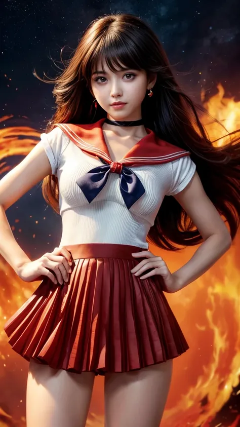 Product quality, seat, cowboy shot,(  thigh emphasis  :1.4),(  young and beautiful Japanese woman,  perfect anatomy  ),(  sailor warrior uniform  ),(outside,Mars,Starry Sky  ,background:1.4), Positive Little Smile ,((  red sailor collar  )),(  Red Hair Rib...