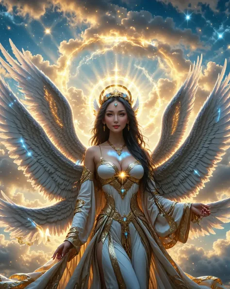 A majestic angel with ((six large spiritual wings)) glows softly with (a divine aura). The female angel has a serene expression with golden eyes, a beautiful feather headdress on her head, and silver hair flowing down her back. Her ((six large symmetrical ...