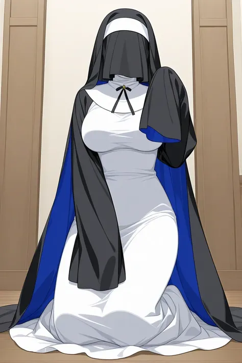 Solo, 1girl, tall women, cape on shoulders, nun outfits, long skirt, faceless, breasts, veil face /(Veil covered face)\, sleeves past wrists, sleeves past fingers, dark blue long cape, cloak, overly long sleeves, wide open loose sleeves, room,   Push ups