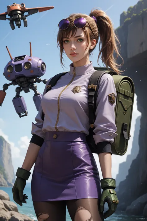 Score_9, score_8_up, score_7_up, source_real, photorealistic, rating_safe, rating_questionable;; 1woman, solo, precis neumann;; reddish ponytail, sunglasses, eyewear on head, green eyes, purple jacket, short over long sleeves, green gloves, (mechanical arm...