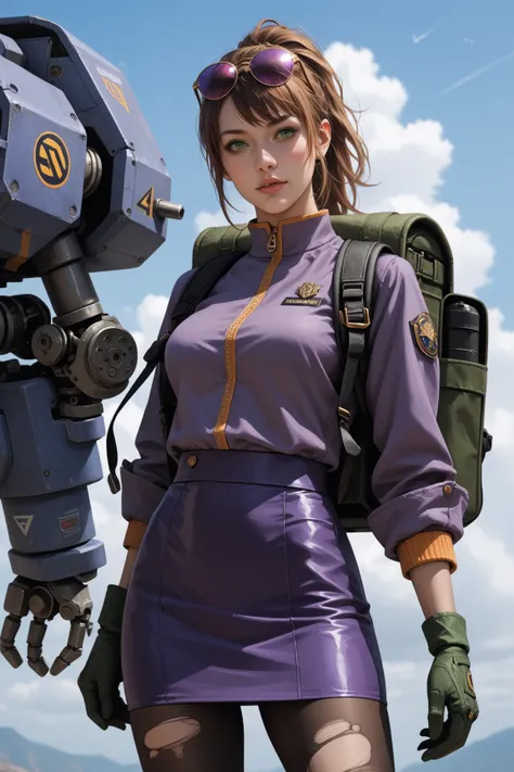 Score_9, score_8_up, score_7_up, source_real, photorealistic, rating_safe, rating_questionable;; 1woman, solo, precis neumann;; reddish ponytail, sunglasses, eyewear on head, green eyes, purple jacket, short over long sleeves, green gloves, (mechanical arm...