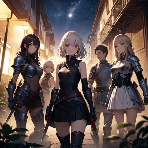 A group of  female knights, (in temple), various hair styles, harem, wearing armored clothes, metal armor, night, details face, short skirt, seducing, sword, sleeveless 