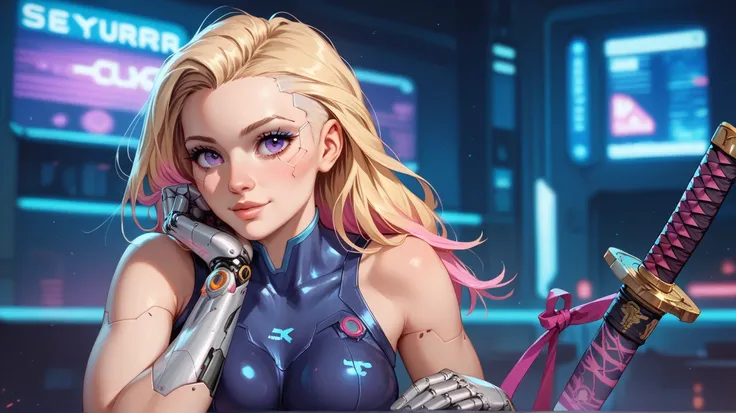 1 girl,  big boobs, Reddened, Purple Eyes,  blonde, Sportswoman , cyberpunk ,  futuristic ,  cybernetic implant ,  futuristic katana ,  blond hair , cute ,  innocent  , epic , 