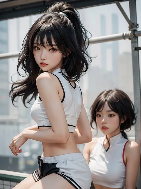 Sexy Chinese woman, wavy black hair, wavy bangs, snatched waist, large breasts, white crop top, sleeveless crop top, volleyball shorts, hot shorts, short shorts, creamy skin