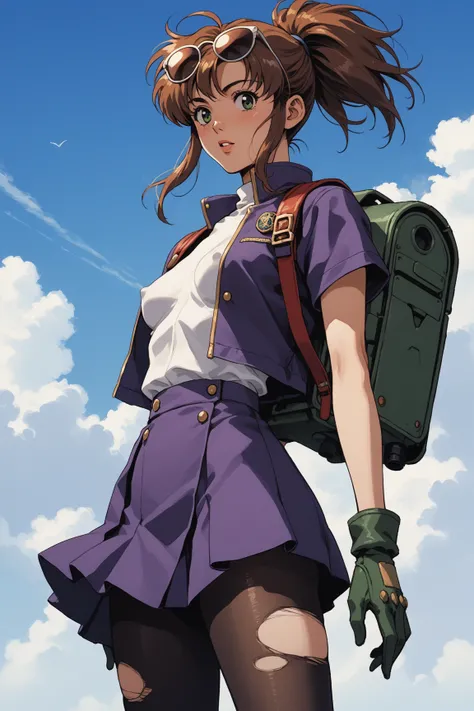 Score_9, score_8_up, score_7_up, source_anime, retro anime style, rating_safe, rating_questionable;; 1woman, solo, precis neumann;; reddish-brown ponytail, sunglasses, eyewear on head, green eyes, purple jacket, short jacket sleeves over long sleeves, smal...