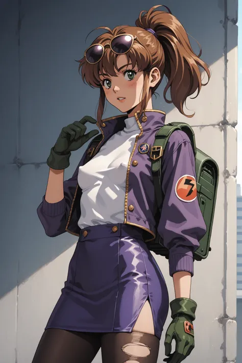 Score_9, score_8_up, score_7_up, source_anime, retro anime style, rating_safe, rating_questionable;; 1woman, solo, precis neumann;; reddish-brown ponytail, sunglasses, eyewear on head, green eyes, purple jacket, short jacket sleeves over long sleeves, smal...