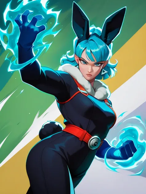 highres, hi res, best quality, masterpiece, intricate details, absurdres, 4k,, semi realistic, cartoon,
1girl, Freeza \(Dragon Ball\), blue hair, black rabbit wear, energy around, aura,, looking at viewer, dynamic pose, fighting stance, cowboy shot, multic...