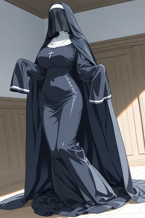 Solo, 1girl, tall women, cape over shoulders, nun outfits, long skirt, faceless, veil face /(Veil covered face)\, sleeves past wrists, sleeves past fingers, dark blue long cape, cape flap out. cloak, overly long sleeves, wide open loose sleeves, room, 