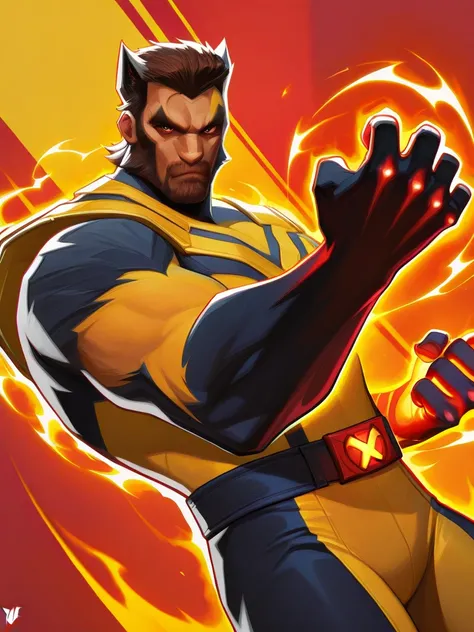 highres, hi res, best quality, masterpiece, intricate details, absurdres, 4k,, semi realistic, cartoon,
1boy, Wolverine  \(x-men\),, energy around, aura,, looking at viewer, dynamic pose, fighting stance, cowboy shot, multicolored background, dutch angle, ...