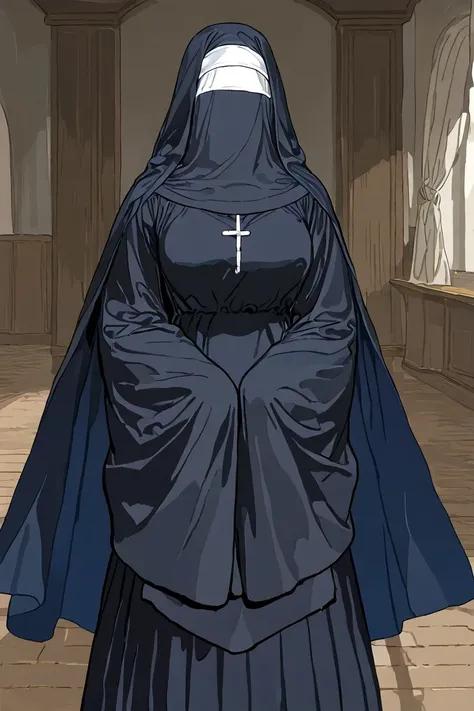 Solo, 1girl, tall women, cape over shoulders, nun outfits, long skirt, faceless, veil face /(Veil covered face)\, sleeves past wrists, sleeves past fingers, dark blue long cape, cape flap out. cloak, overly long sleeves, wide open loose sleeves, room, 