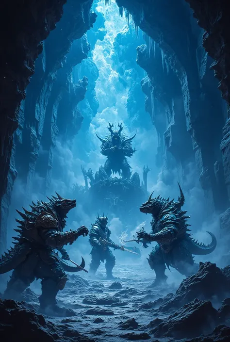 (  dark fantasy battle scene where 3 cool armed Lizardmen face off against 3 knights in the ruins inside the blue glowing cave)(High angle images)、4K、 high definition