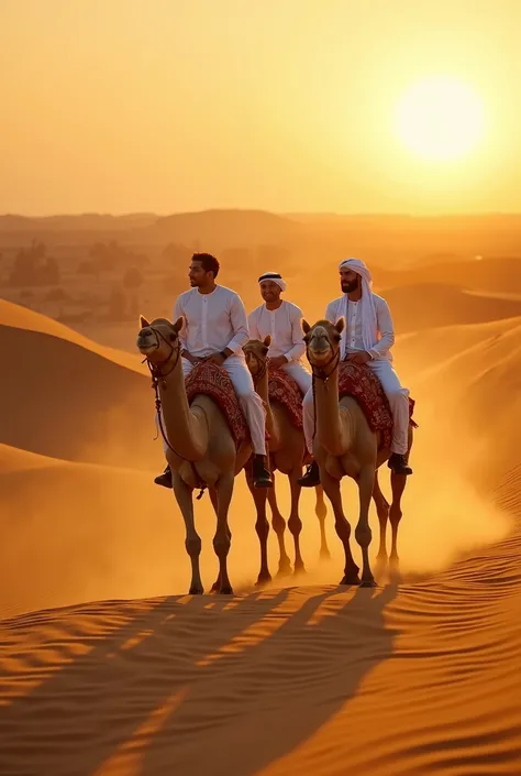 


"A breathtaking cinematic shot of Dubai Crown Prince Sheikh Hamdan bin Mohammed bin Rashid Al Maktoum (Fazza) enjoying a camel ride with his friends in the vast golden dunes of the Dubai Desert Safari. The warm hues of the setting sun cast long shadows ...