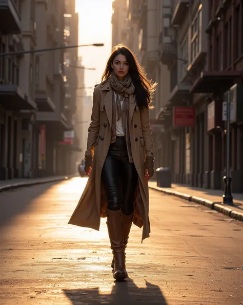 “A (photograph of a woman walking:1.1), (approximately 30 years old, Caucasian, long dark hair:1.2), wearing a (long beige coat and brown boots:1.2), walking down a (city street at dusk:1.1) with (tall buildings on both sides and wide sidewalks:1.1), the (...