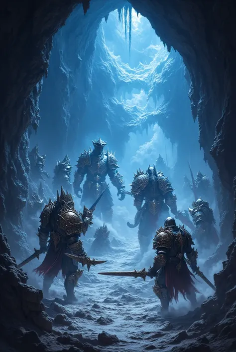 ( Battle scene where 3 cool armed Lizardmen face off against 3 human knights in the ruins of a stone wall in a dark fantasy blue glowing cave)(High angle images)、4K、 high definition